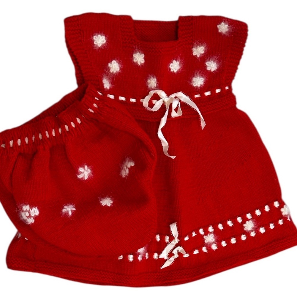 Red Knitted Baby Dress with White Accents